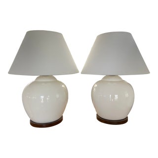 Ralph Lauren Creamy White Crackle Glaze Ginger Jar Style Lamps, a Pair For Sale