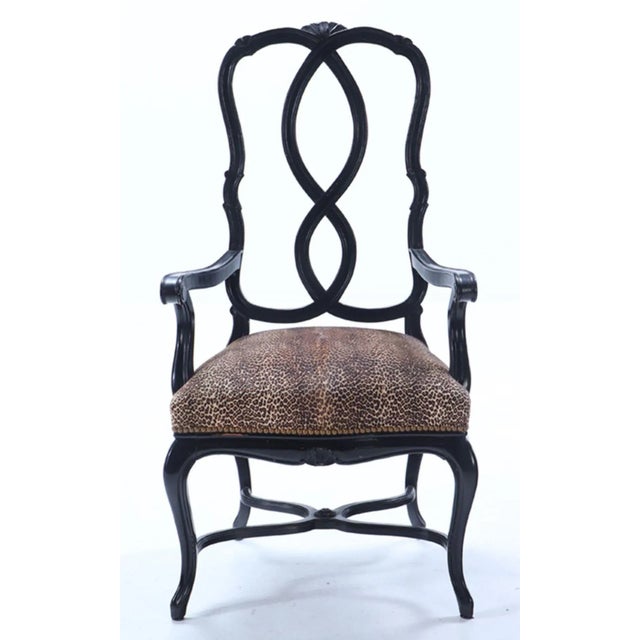 1950s Black Ebonzied French With Faux Leopard Upholstery Venetian Style Dining Chairs Possibly by Jansen For Sale - Image 5 of 7