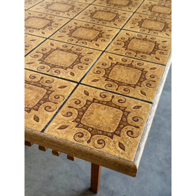 Vintage Danish Oak Coffee Table With Patterned Ceramic Tile Top and Slatted Shelf 1970s For Sale In Los Angeles - Image 6 of 10