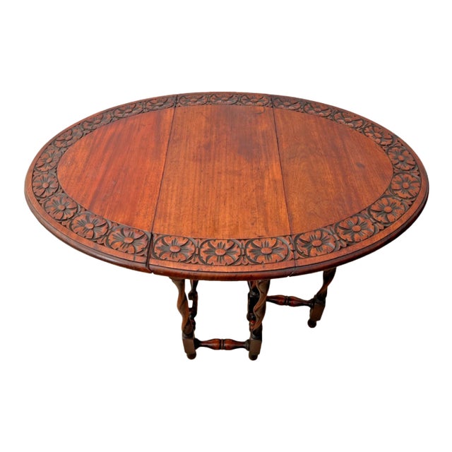 Antique Oval Gate Leg Kitchen Table Drop Side Leaf Carved Mahogany Barley Twist For Sale