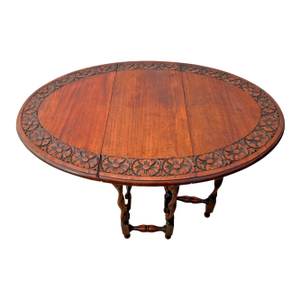 Antique Oval Gate Leg Kitchen Table Drop Side Leaf Carved Mahogany Barley Twist