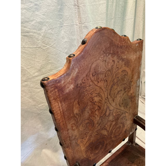 1950s Spanish Revival Tooled Leather Armchair With Barley Twist Legs For Sale - Image 16 of 18