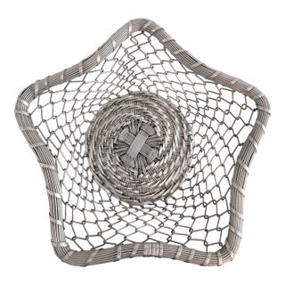 Vintage Coastal Woven Metal Catchall Basket / Sculptural Silver Basket For Sale