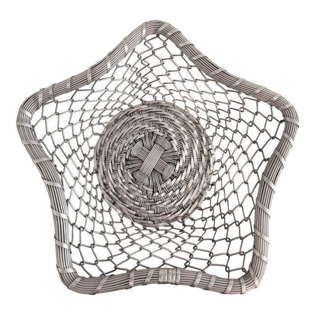 Vintage Coastal Woven Metal Catchall Basket / Sculptural Silver Basket For Sale