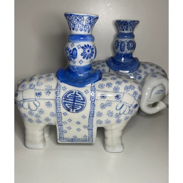Vintage Blue Canton Chinoiserie Elephant Candlesticks - a Pair For Sale In New York - Image 6 of 7