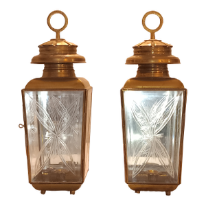 A Pair of Vintage French Indoor/Outdoor Brass, Copper and Etched Glass Lantern Wall Sconces