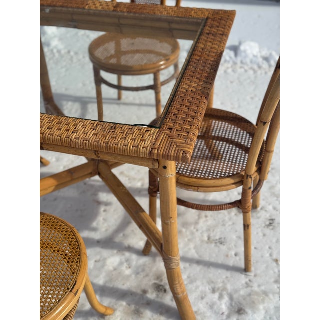 1970s Palm Beach Style Rattan Dining Set With Glass Top Table and Four Cane Back Chairs For Sale - Image 4 of 12