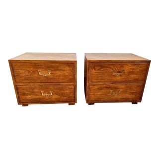 1960s Henredon Artefacts Collection Oak & Brass Nightstands, Pair (2) For Sale