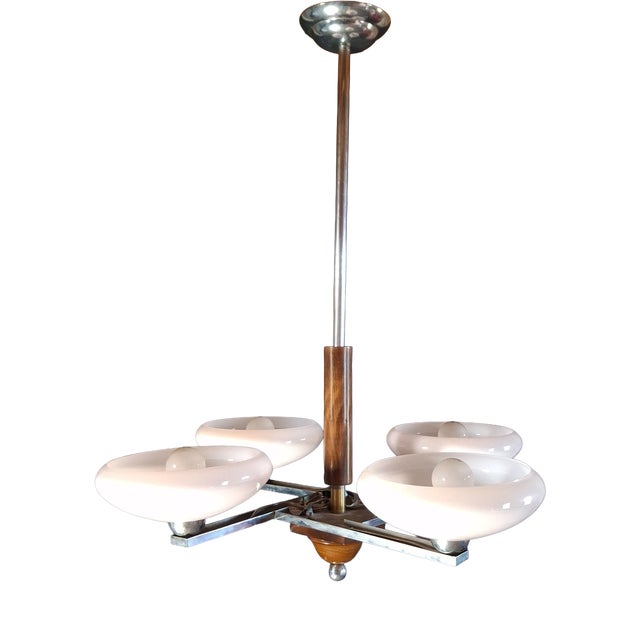 Art Deco Chandelier in Chrome and Pink Opaline Glass, 1950s For Sale