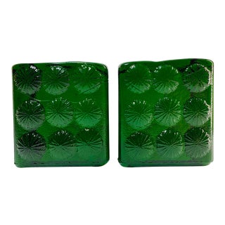 1960s Dark Green Blenko Art Glass Cube Bookends - Pair - a Pair For Sale