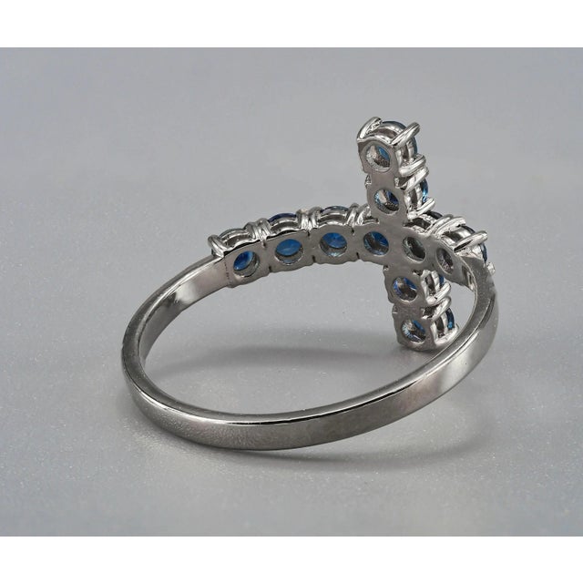 Blue Sapphire Cross Ring Band in 14k Gold For Sale - Image 4 of 8