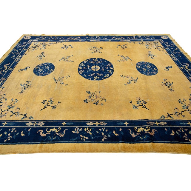 Goldenrod 1920s Antique Peking Designed Chinese Wool Rug Handmade in Golderod Color For Sale - Image 8 of 10