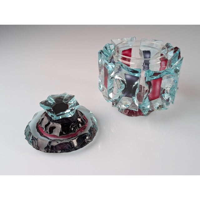Glass Brutalist Cut Glass Candy Dish with Lid and Colored Inserts, 1970s For Sale - Image 7 of 13