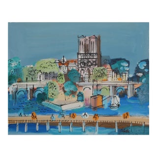 Two Bridges With Notre Dame, Charles Cobelle Acrylic on Canvas, Signed Lower Right For Sale