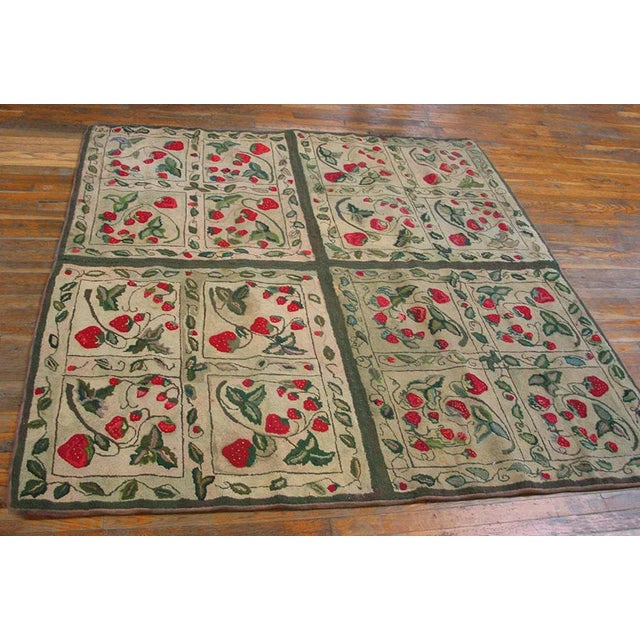 1920s Ivory Floral Folk Art Antique American Hooked Rug 6'3" X 6'4" Handknotted Wool Carpet For Sale In New York - Image 6 of 10