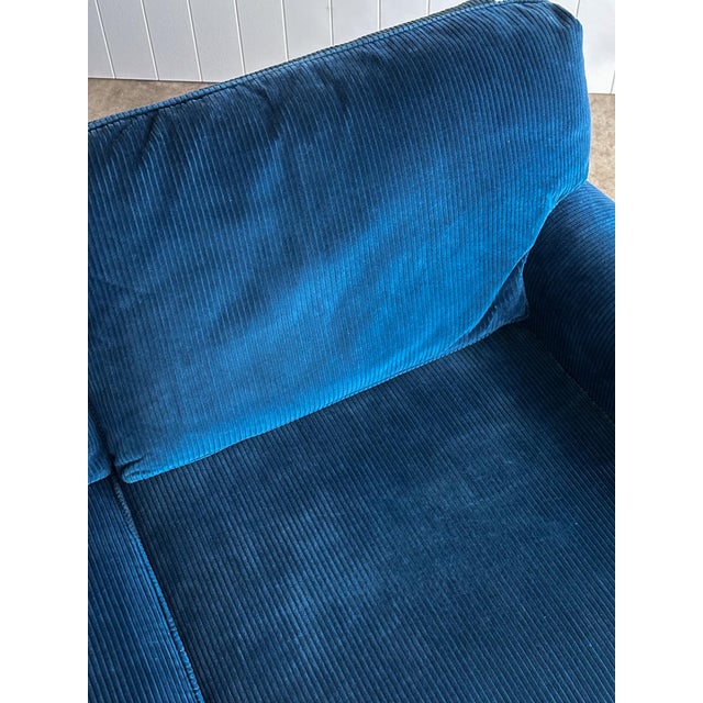 1970s Vintage Blue Corduroy Sofa With Rolled Arms For Sale - Image 17 of 18
