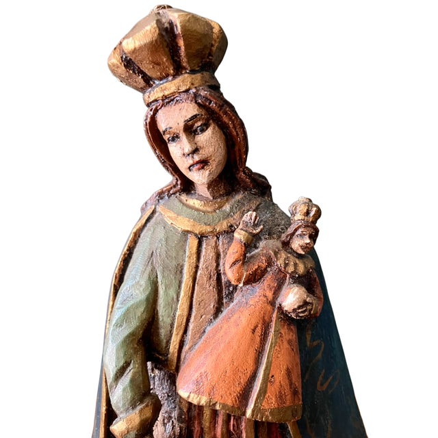 Antique Religious Folk Art - Carved Wooden Spanish Colonial Santos Figure of the Madonna and Child For Sale - Image 10 of 18