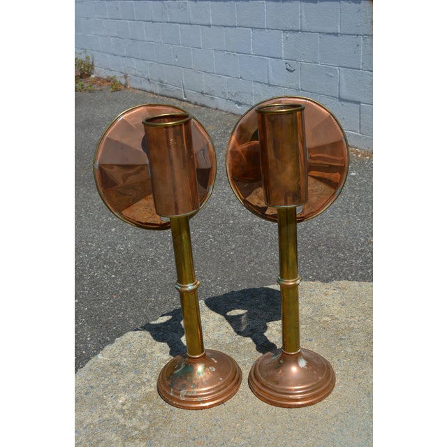 Sarreid Ltd. Vintage Sarreid Korea Copper & Brass Reflector Candle Stick Student Lamps Lights - a Pair For Sale - Image 4 of 12