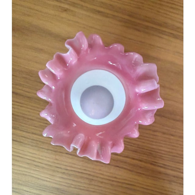 Mid 20th Century Vintage Fenton Rose Crest Milk Glass Crimped Vase in Pink & White For Sale - Image 5 of 6