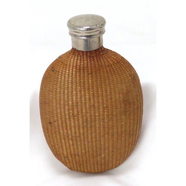 Wood Antique Early 1900s Hand Woven Basket on Glass "Pumpkin Seed" Whiskey Hip Flask For Sale - Image 7 of 13