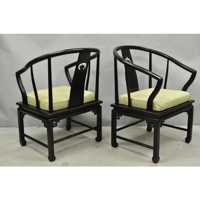 Vintage Oriental Ming Style Ebonized Horseshoe Lounge Chairs by Century (A) Pair For Sale - Image 17 of 17