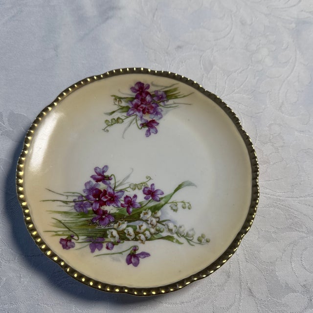 1900 - 1909 Antique Royal Rudolstadt Prussia Salad Plates. Violet Pattern With Gold Rim - Set of 2 For Sale - Image 5 of 5