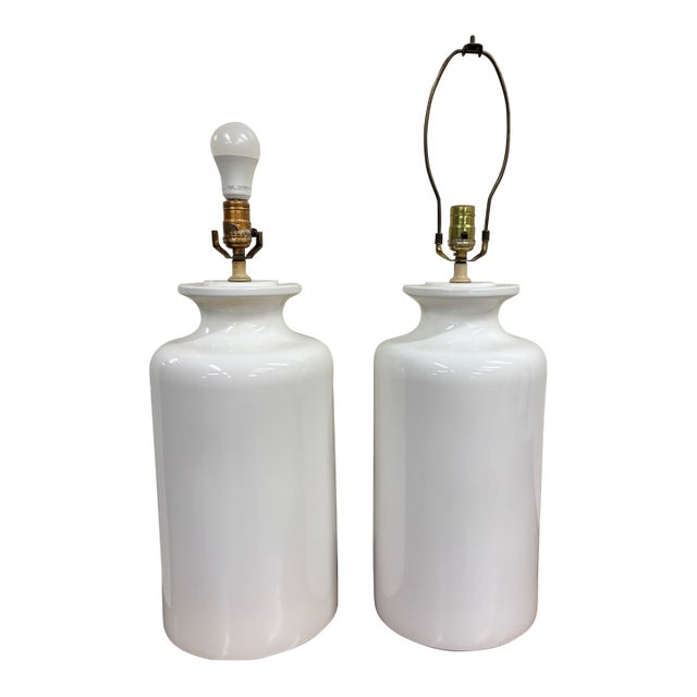 Vintage Ceramic Jar Bucket Urn Lamps, Flat White Glazed - Pair For Sale