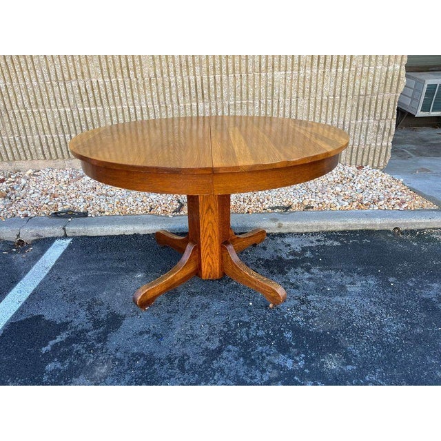 Antique Oak Mission Style Pedestal Round Dining Table With Leaf. For Sale - Image 9 of 9