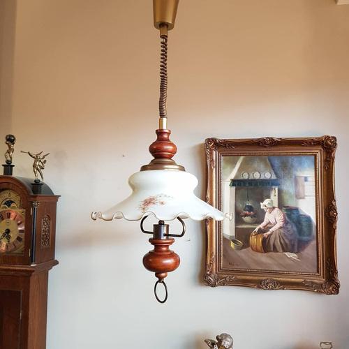 Special Pendant Light Lamp with Wood Handle & Opaline Glass For Sale - Image 4 of 11