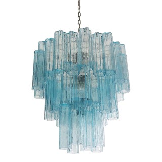 Three-Tier Murano Glass Tube Chandelier – 48 Blue Glasses For Sale
