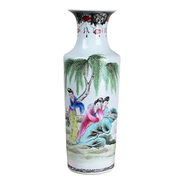 Antique Qing Dynasty Famille Rose 12” Vase With Qianlong Mark For Sale