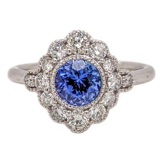 1ct Tanzanite Ring With Earth Mined Diamonds in Solid 14k Gold | Round 6mm, Size 6.75 For Sale