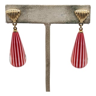 Vintage 1970s Signed Crown Trifari Red Striped Glass Drops Pierced Earrings - 2 Pieces For Sale