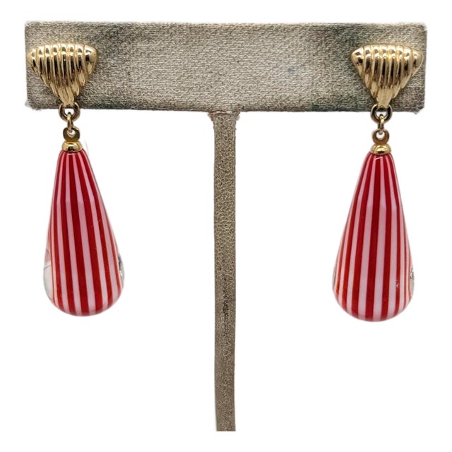 Vintage 1970s Signed Crown Trifari Red Striped Glass Drops Pierced Earrings - 2 Pieces For Sale