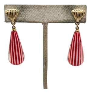 Vintage 1970s Signed Crown Trifari Red Striped Glass Drops Pierced Earrings - 2 Pieces
