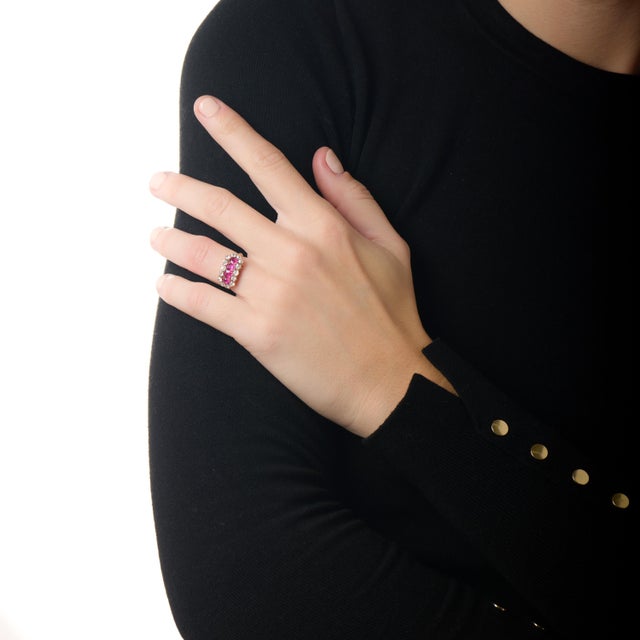 This captivating Victorian ring is a richly romantic jewel that reflects the artistry and expressive gemstone combinations...