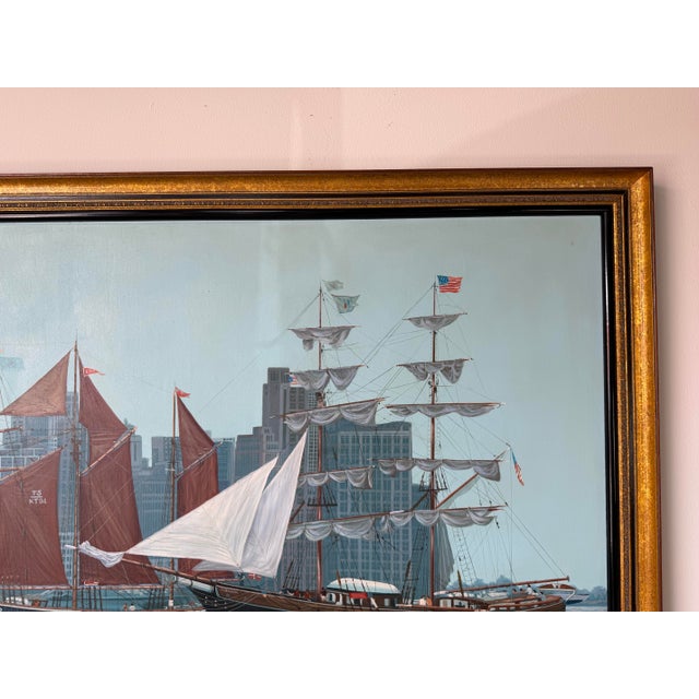 Wood Large- 1980’s Diane Kenny Maritime City Skyline Painting, Framed For Sale - Image 7 of 12
