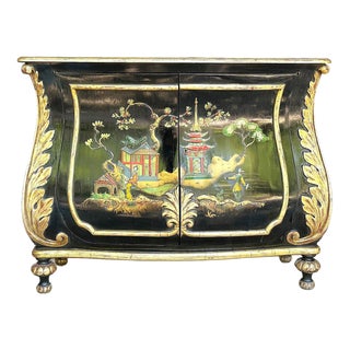 20th Century Black & Gold Chinoiserie Bombe Commode Chest For Sale