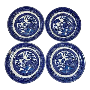 Antique Set of 4 John Tams Blue Willow Salad Plates From England - Circa 1875