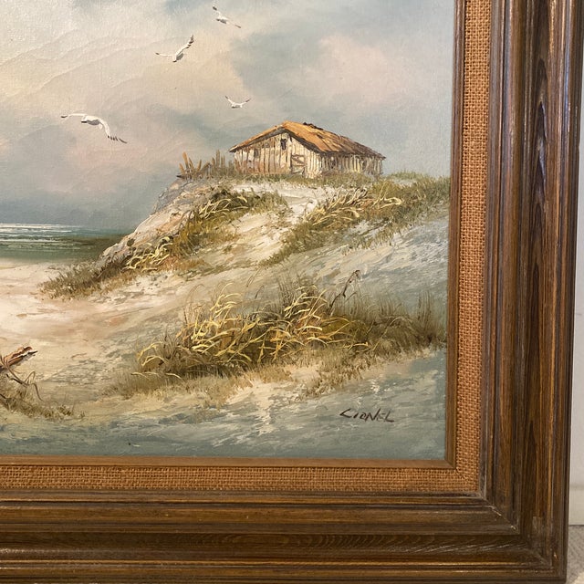 Mid-Century Coastal Dune Seascape Oil Painting in Substantial Wood Frame - Signed Lionel For Sale - Image 4 of 12