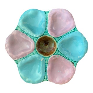 English Victorian Majolica Oyster Plate Lilac and Blue Circa 1890 For Sale