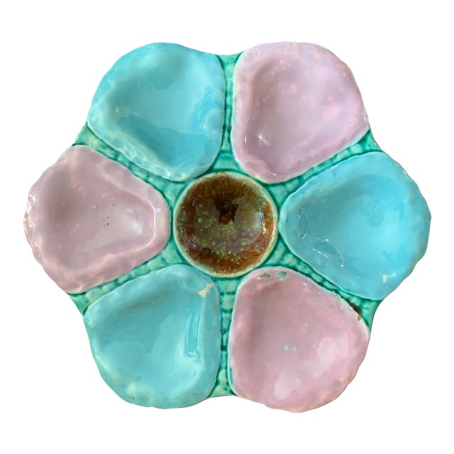 English Victorian Majolica Oyster Plate Lilac and Blue Circa 1890 For Sale