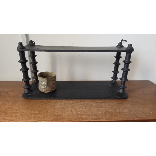 Wood Vintage Wooden Black Tiered Shelf, Turned Spindle Display Stand, Rustic 2 Tier Wall Shelf, Folk Art Wood Rack, Cottage Decor For Sale - Image 7 of 17