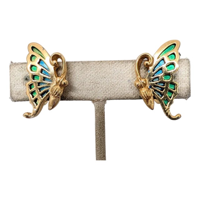 Vintage Signed Napier Goldtone Green & Blue Enamel Butterfly Clip Earrings- 2 Pieces For Sale
