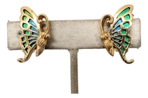 Vintage Signed Napier Goldtone Green & Blue Enamel Butterfly Clip Earrings- 2 Pieces