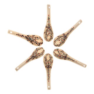 Asian Modern Bat Trang Vietnam Ceramic Soup Spoons Hand Painted With Floral Petal Motif - Set of 6 For Sale