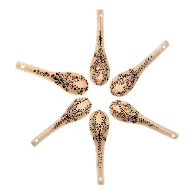 Asian Modern Bat Trang Vietnam Ceramic Soup Spoons Hand Painted With Floral Petal Motif - Set of 6 For Sale