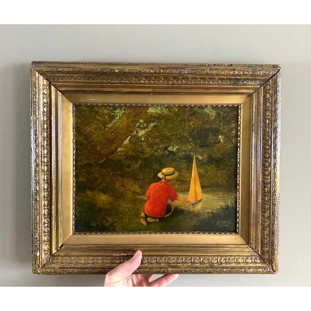 Antique Oil Painting, Boy With Sailboat, Signed For Sale - Image 12 of 13