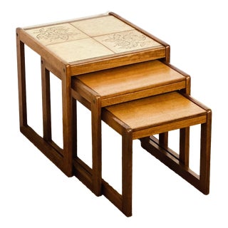 Vintage Teak and Ceramic Nesting Tables, 1960s, Set of 3 For Sale