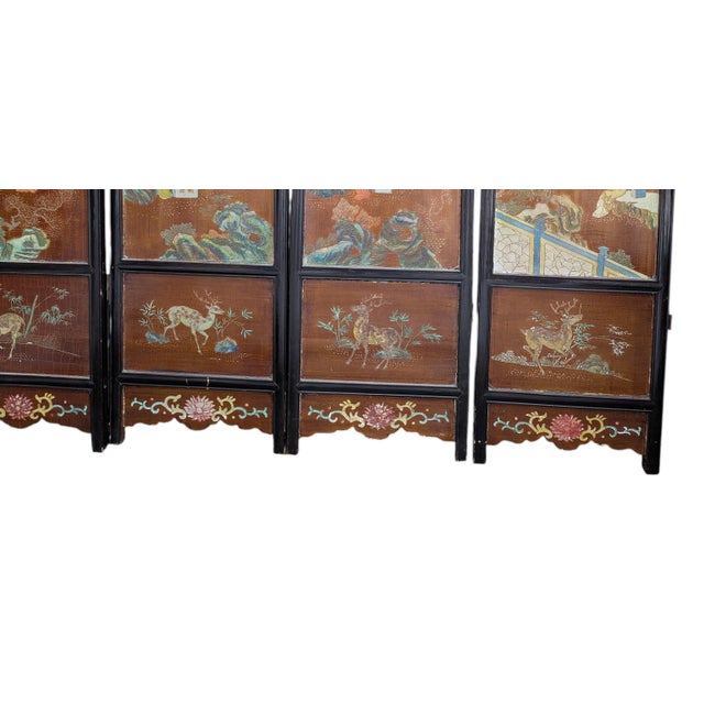 1940s Chinese Coromandel Four Panel Hand Painted Folding Screen /Partition For Sale - Image 4 of 17